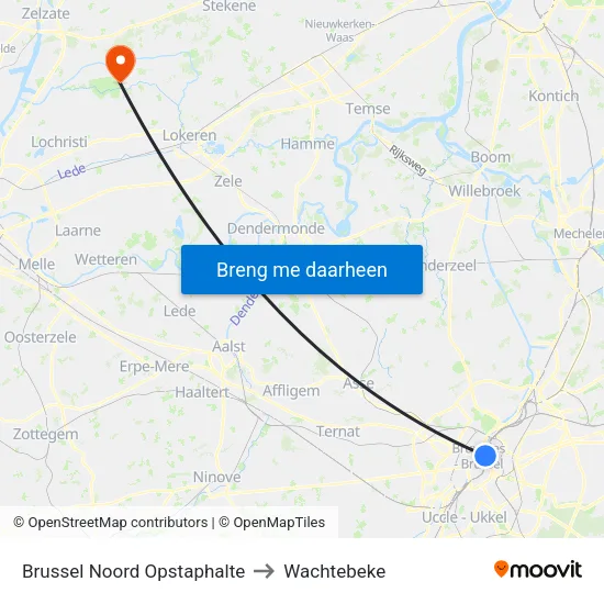 Brussel Noord Opstaphalte to Wachtebeke map