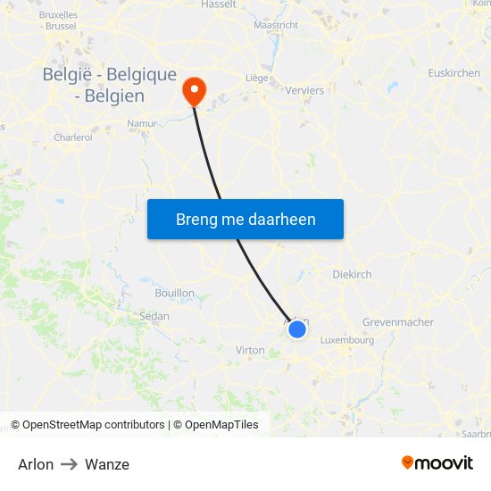 Arlon to Wanze map