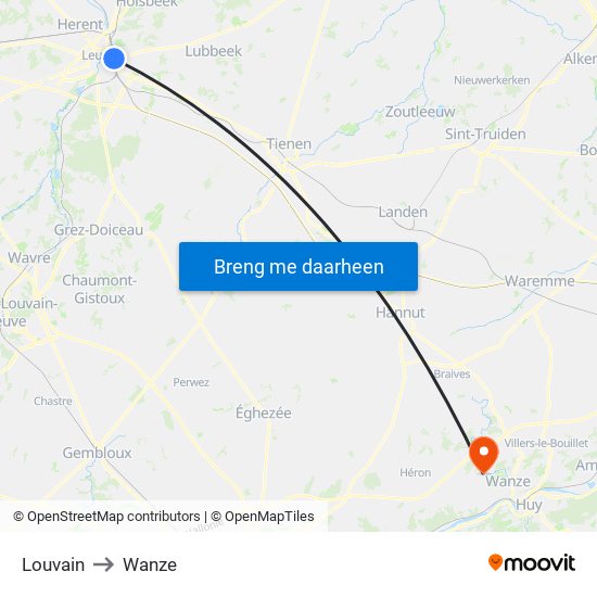 Louvain to Wanze map