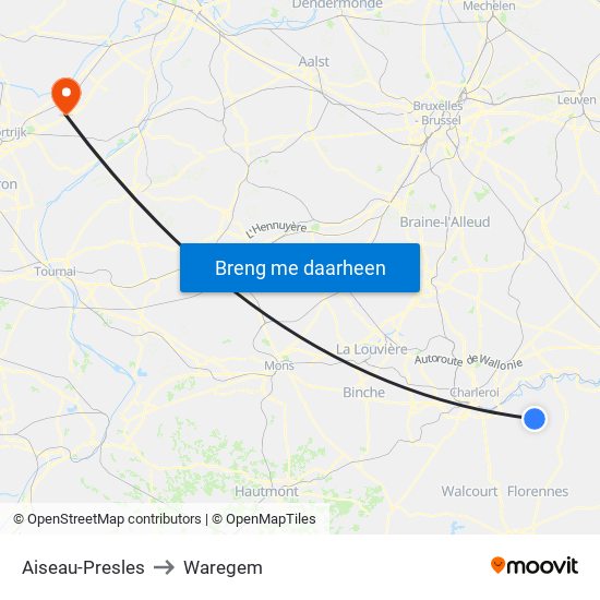 Aiseau-Presles to Waregem map