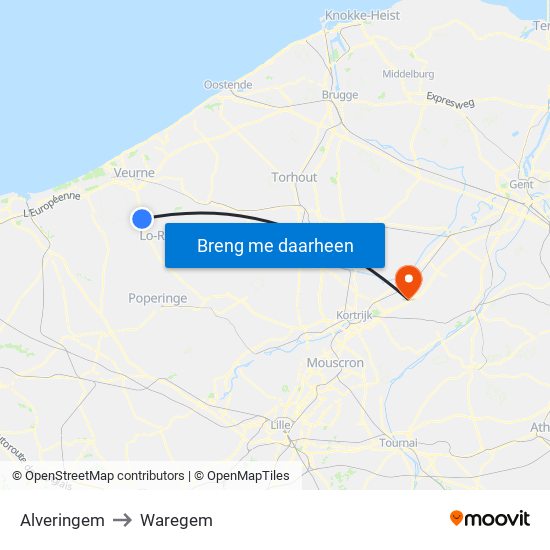 Alveringem to Waregem map
