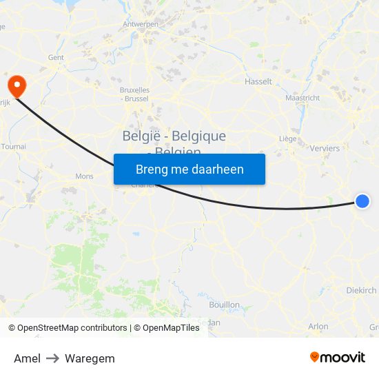 Amel to Waregem map