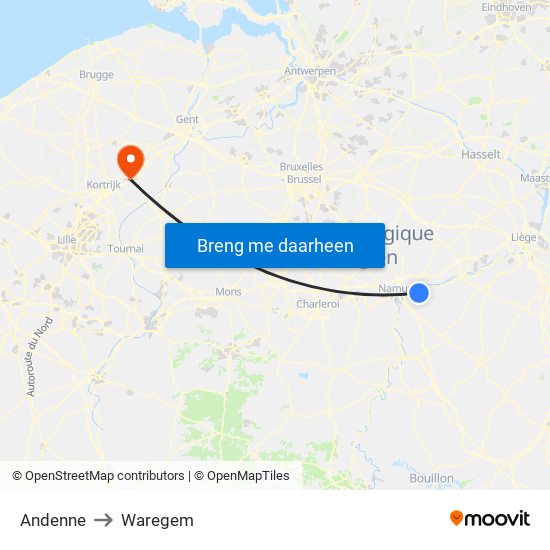 Andenne to Waregem map