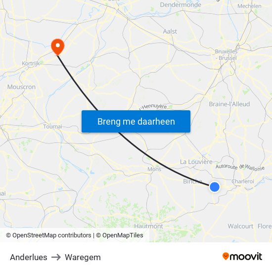 Anderlues to Waregem map