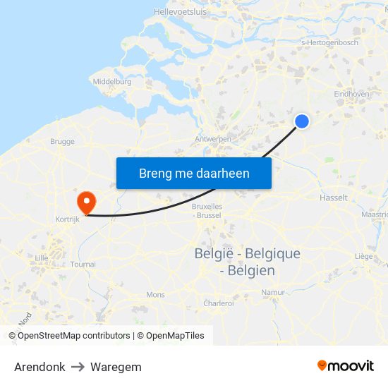 Arendonk to Waregem map