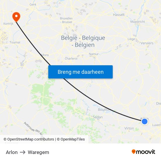Arlon to Waregem map