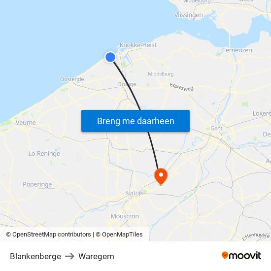 Blankenberge to Waregem map