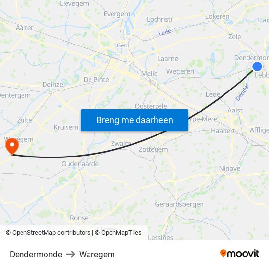 Dendermonde to Waregem map