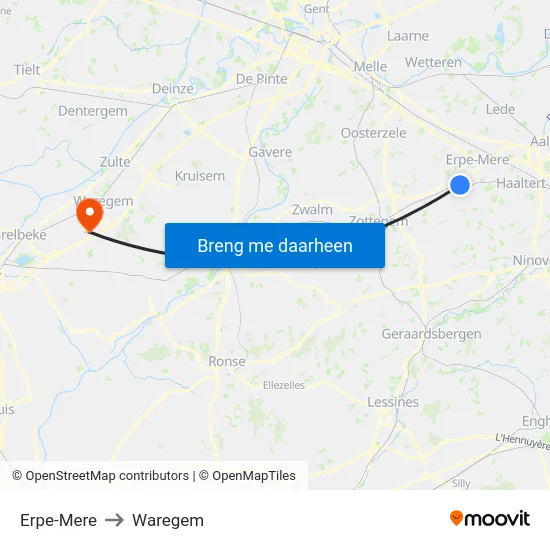 Erpe-Mere to Waregem map