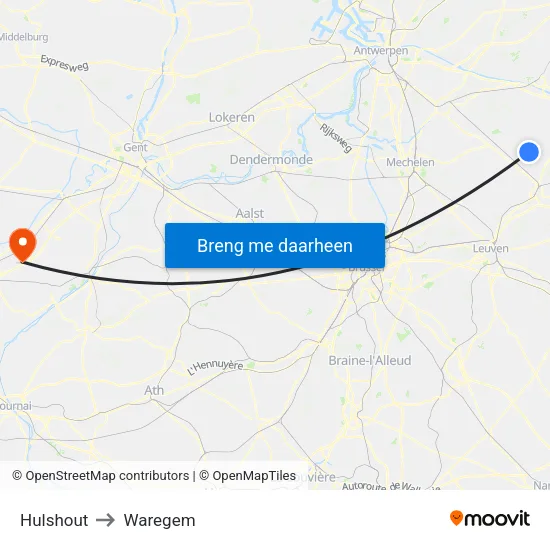 Hulshout to Waregem map