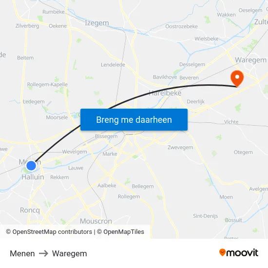 Menen to Waregem map