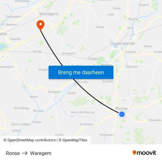 Ronse to Waregem map