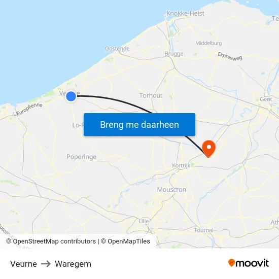 Veurne to Waregem map