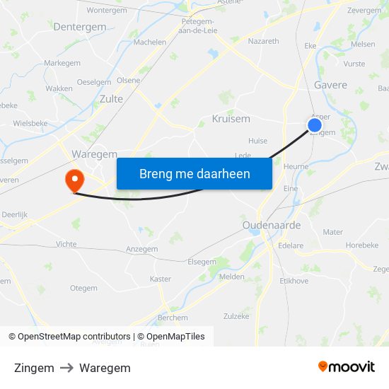 Zingem to Waregem map