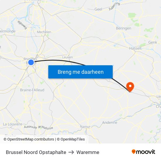 Brussel Noord Opstaphalte to Waremme map