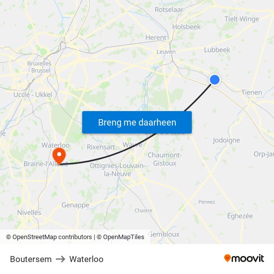 Boutersem to Waterloo map