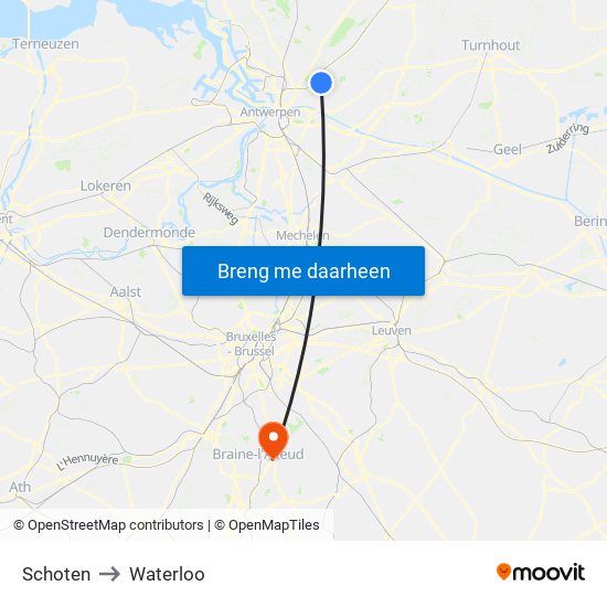 Schoten to Waterloo map