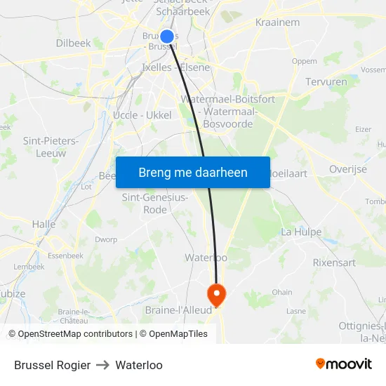 Brussel Rogier to Waterloo map