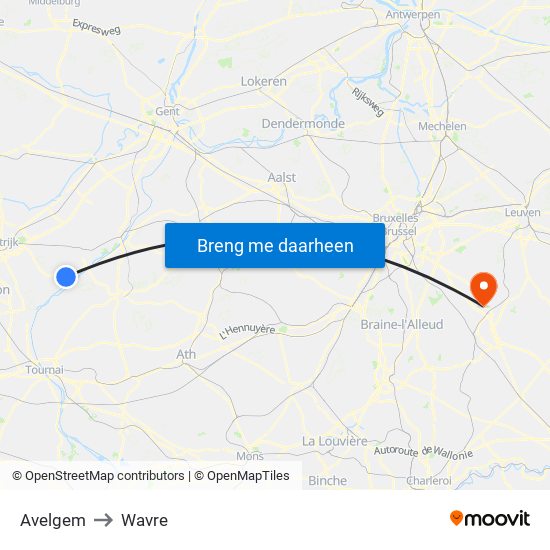 Avelgem to Wavre map