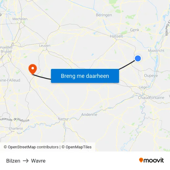 Bilzen to Wavre map