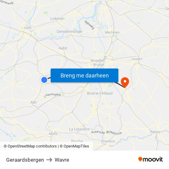 Geraardsbergen to Wavre map