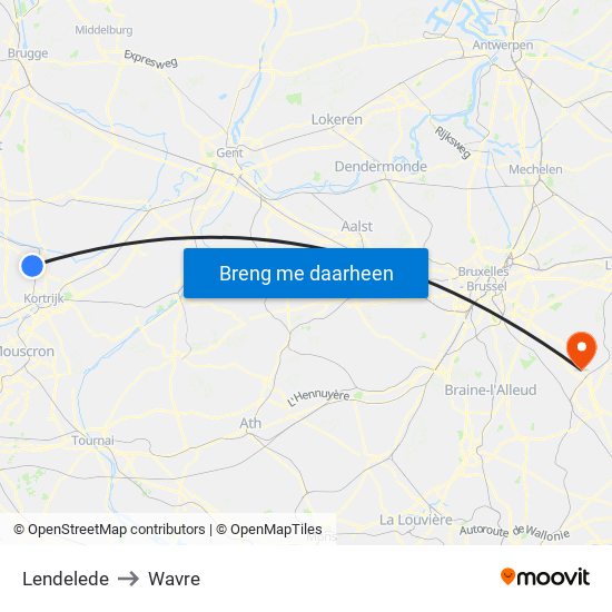 Lendelede to Wavre map