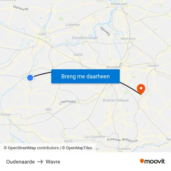 Oudenaarde to Wavre map