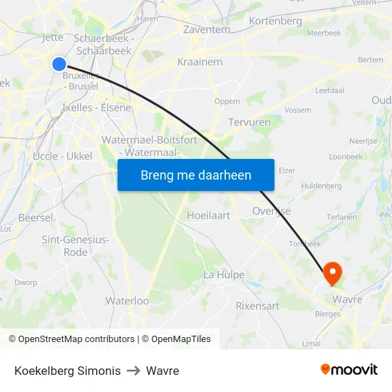Koekelberg Simonis to Wavre map