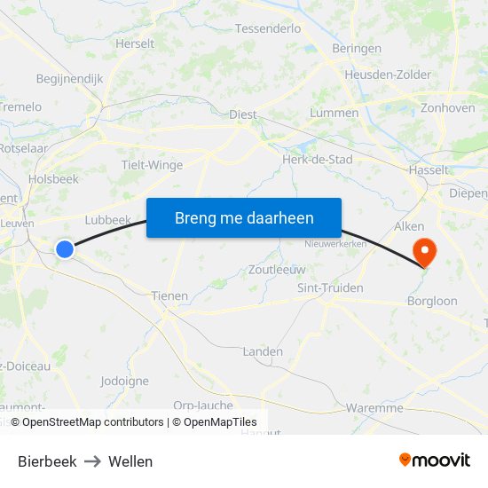 Bierbeek to Wellen map