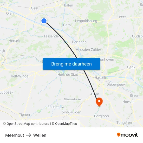 Meerhout to Wellen map