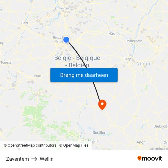 Zaventem to Wellin map