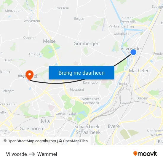 Vilvoorde to Wemmel map