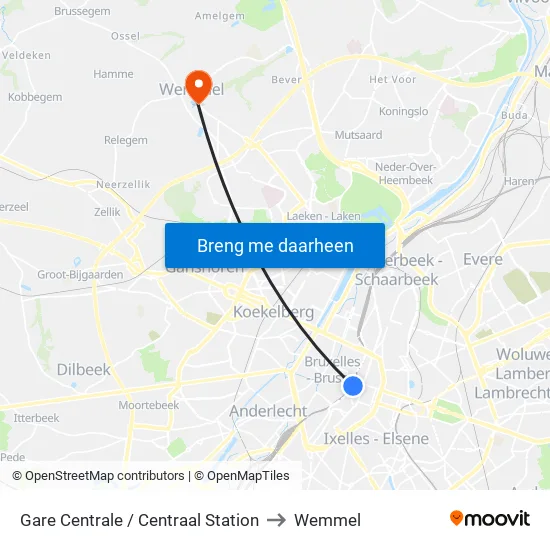 Gare Centrale / Centraal Station to Wemmel map