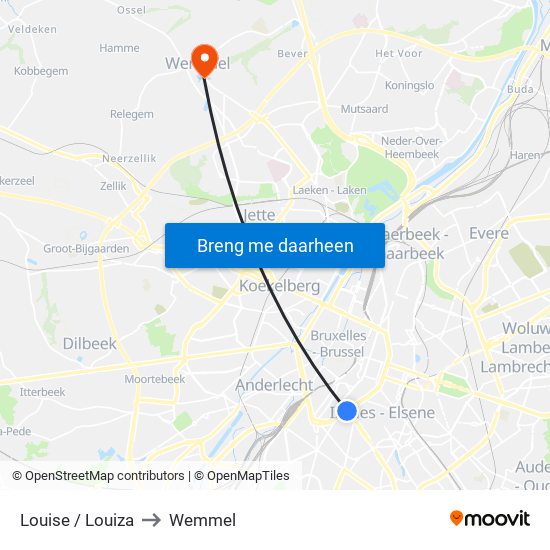 Louise / Louiza to Wemmel map