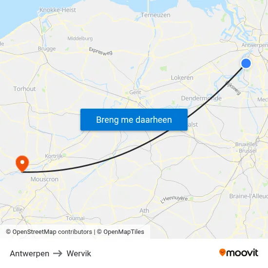 Antwerpen to Wervik map