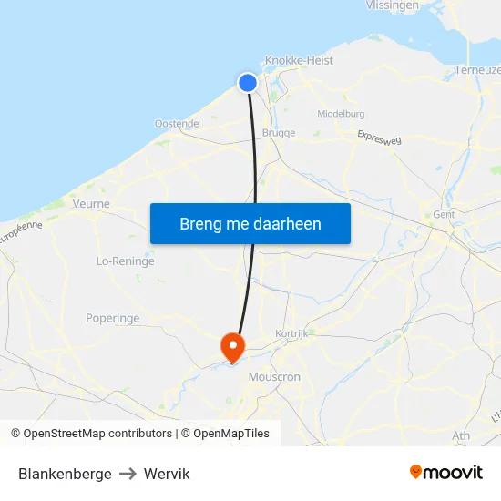 Blankenberge to Wervik map