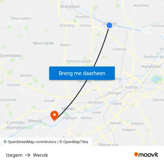 Izegem to Wervik map