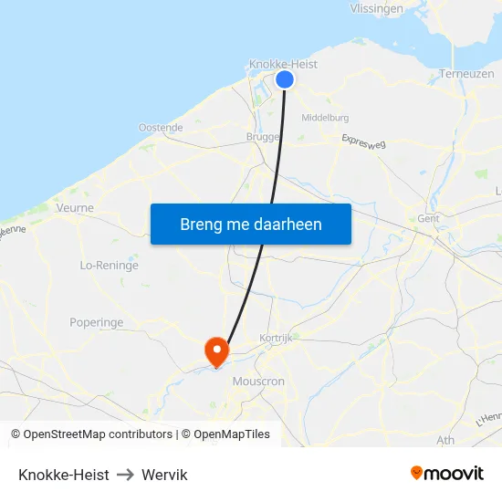 Knokke-Heist to Wervik map