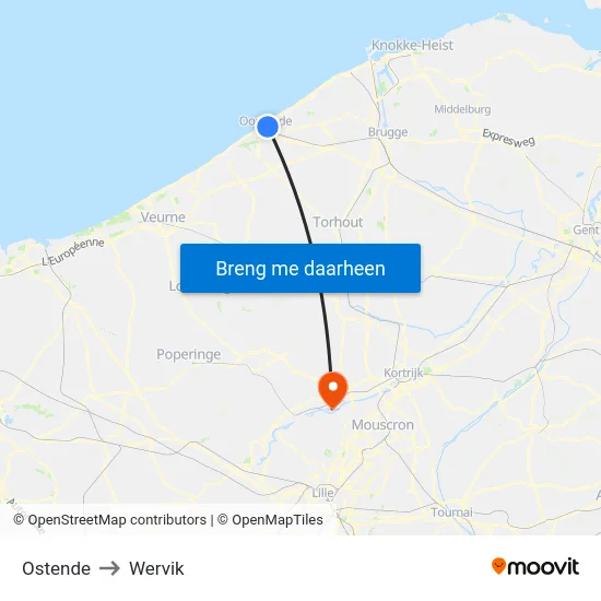 Ostende to Wervik map