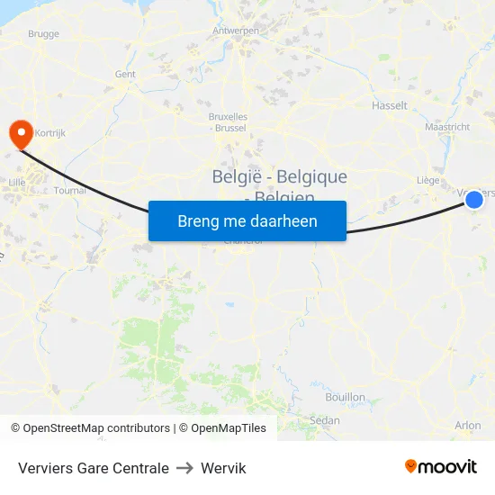 Verviers Gare Centrale to Wervik map