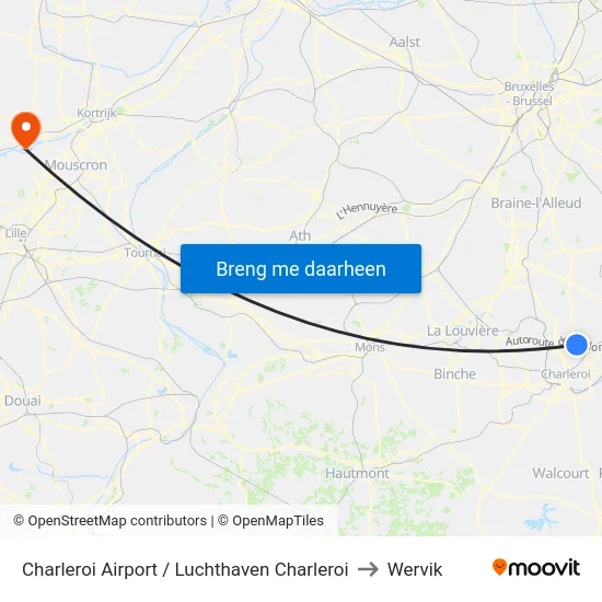 Charleroi Airport / Luchthaven Charleroi to Wervik map