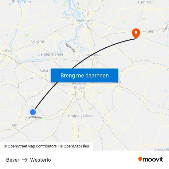 Bever to Westerlo map