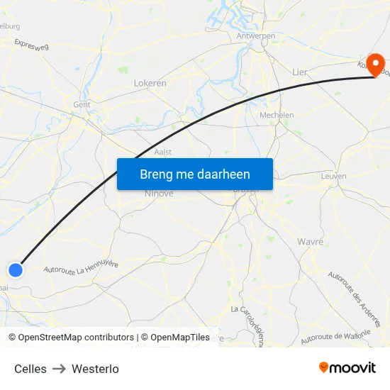 Celles to Westerlo map