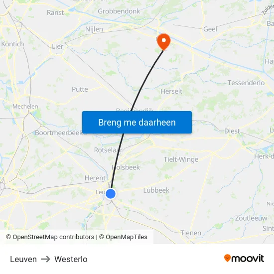 Leuven to Westerlo map