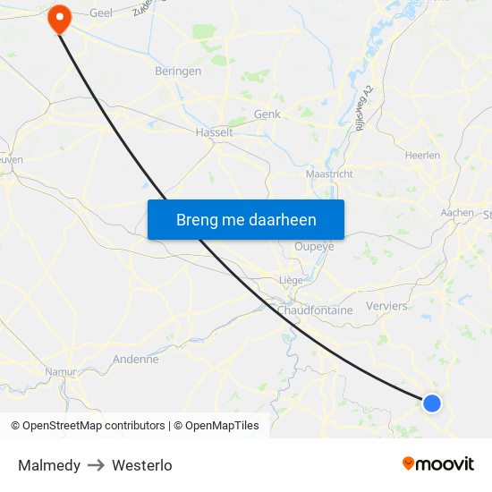 Malmedy to Westerlo map