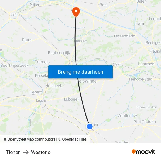 Tienen to Westerlo map