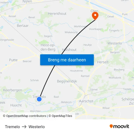 Tremelo to Westerlo map