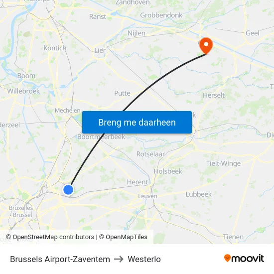Brussels Airport-Zaventem to Westerlo map