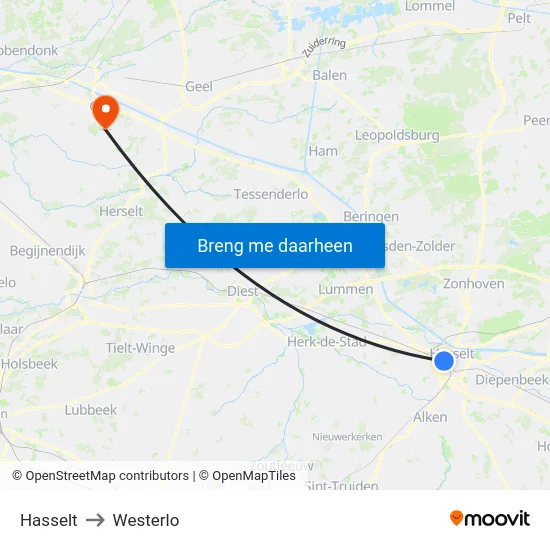 Hasselt to Westerlo map