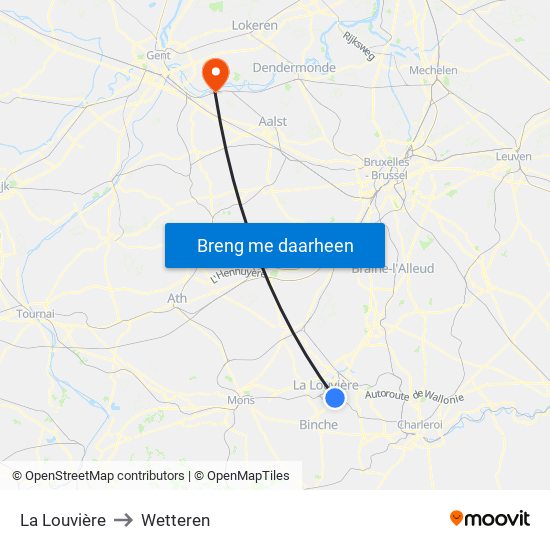 La Louvière to Wetteren map
